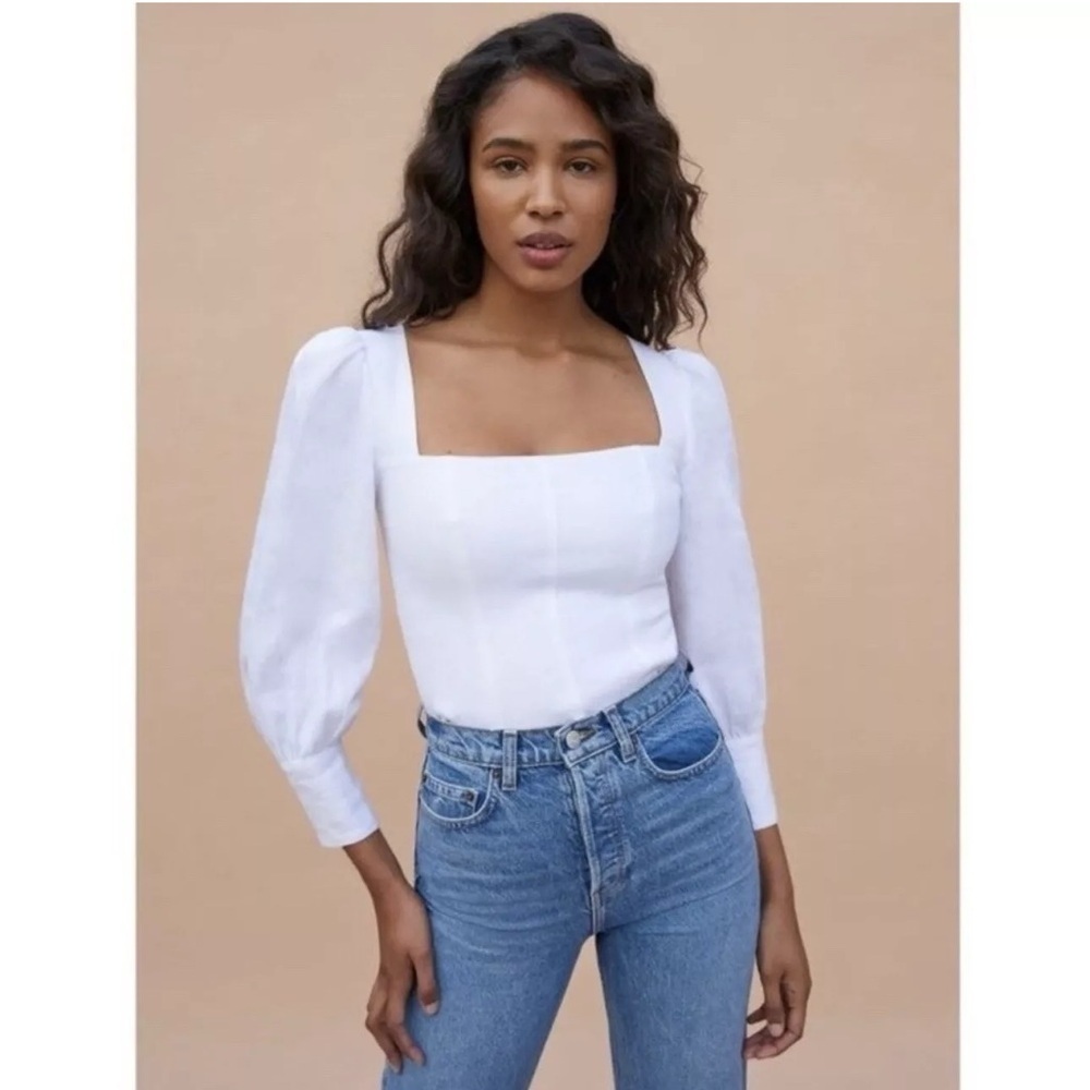 Reformation Stilton Linen Top Smocked Long Sleeve White Blouse Size 2